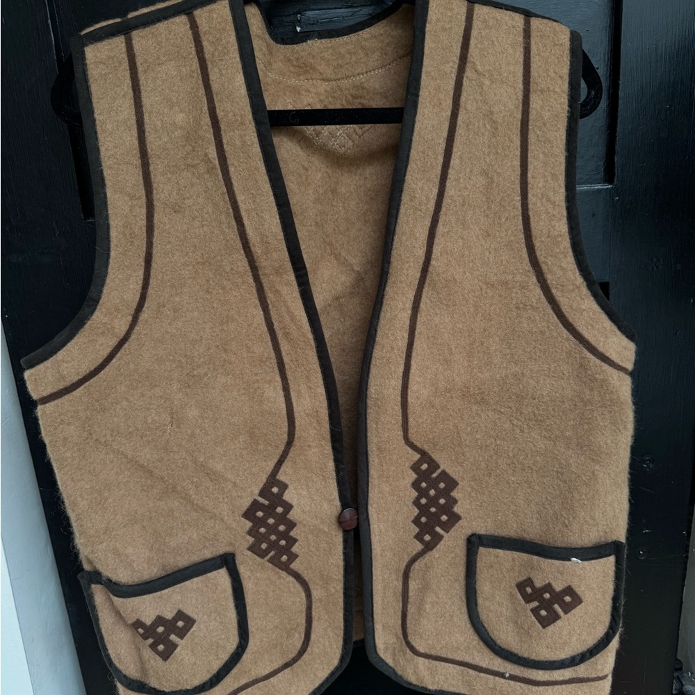 Vintage Tan Wool Vest with Brown Accents